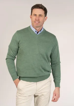 50/50 Fine Merino Wool & Acrylic V-Neck Knit - Green