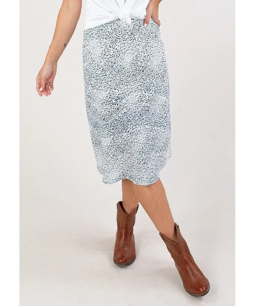 Abstract Leopard Print Midi Skirt Blue Ivory
