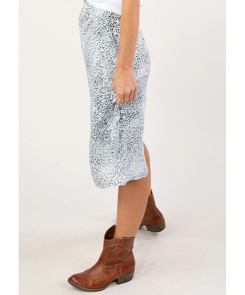 Abstract Leopard Print Midi Skirt Blue Ivory