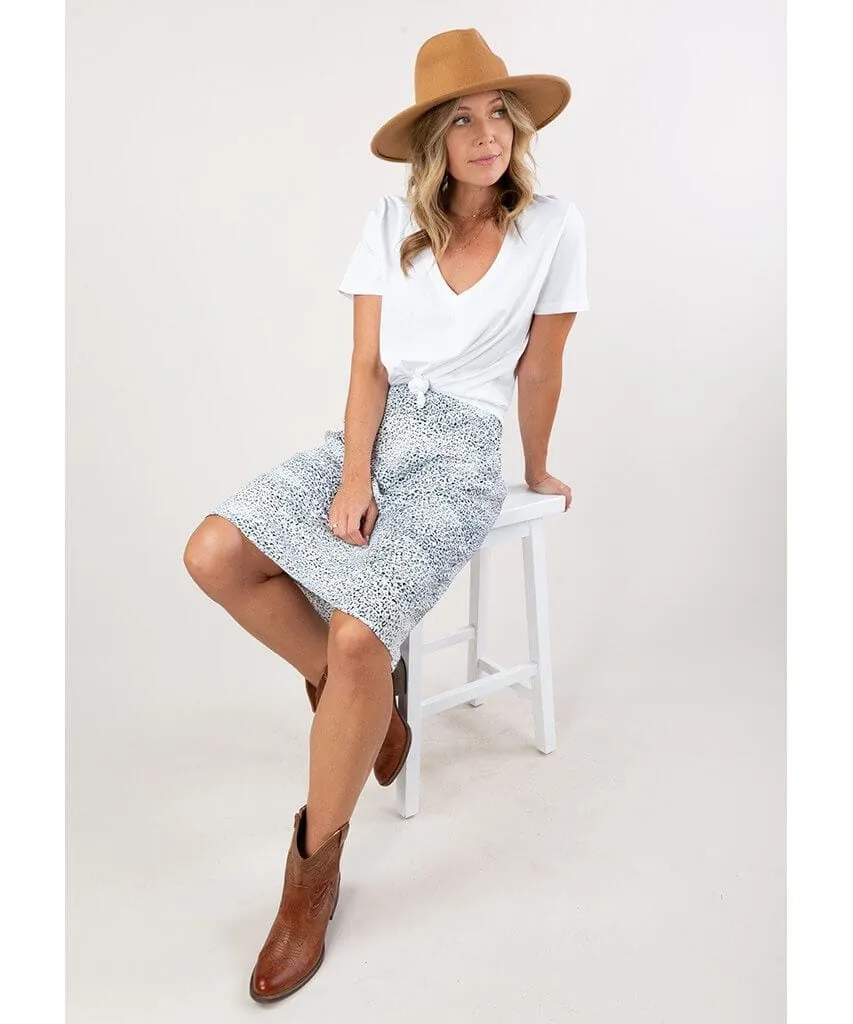 Abstract Leopard Print Midi Skirt Blue Ivory