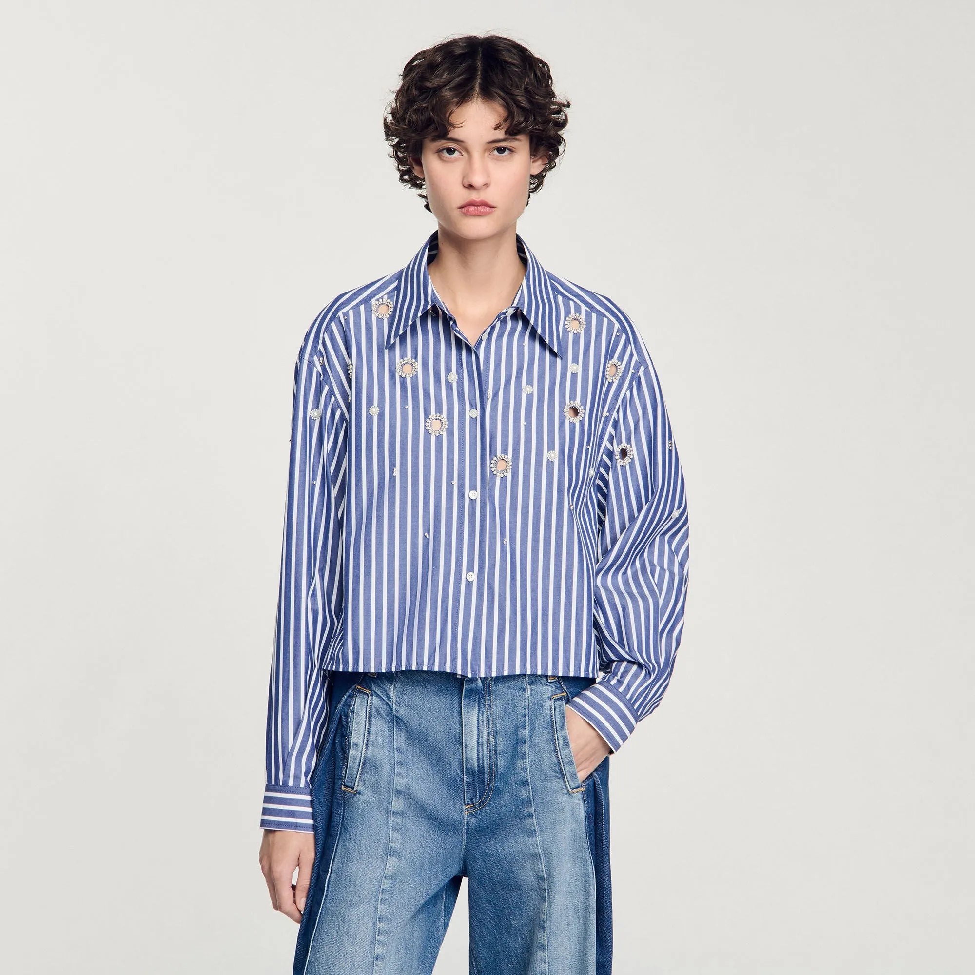 Agathe Beaded Striped Shirt Blue
