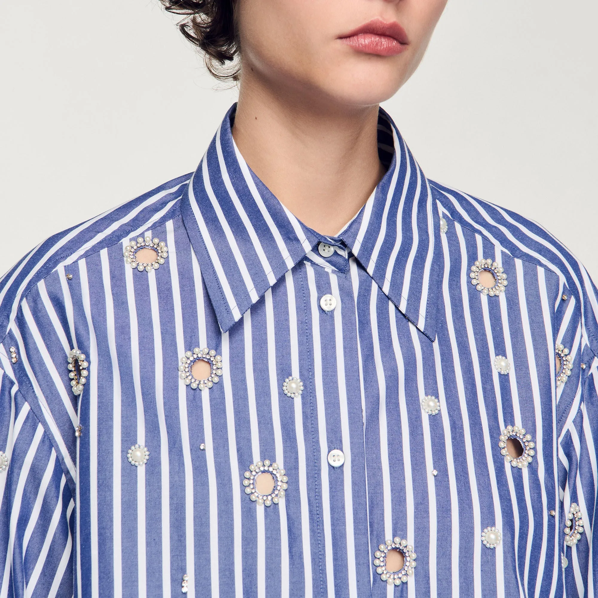 Agathe Beaded Striped Shirt Blue