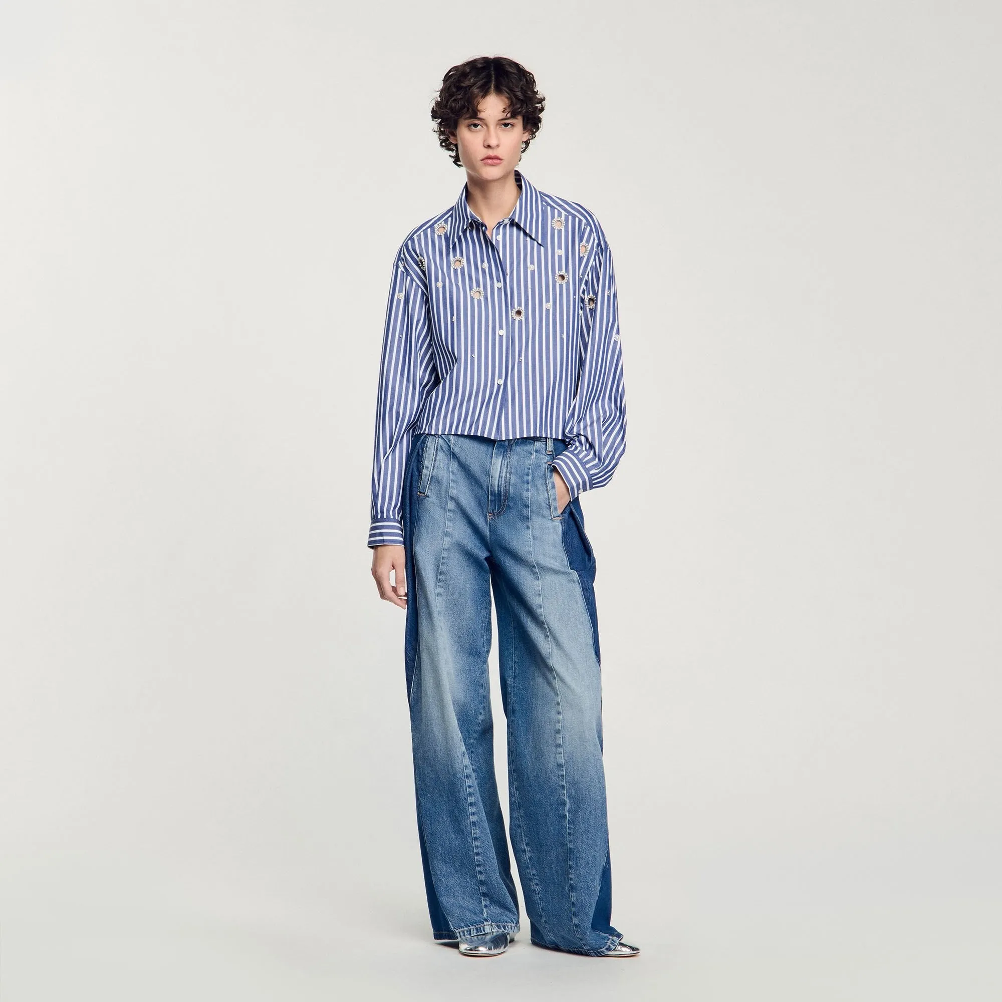 Agathe Beaded Striped Shirt Blue