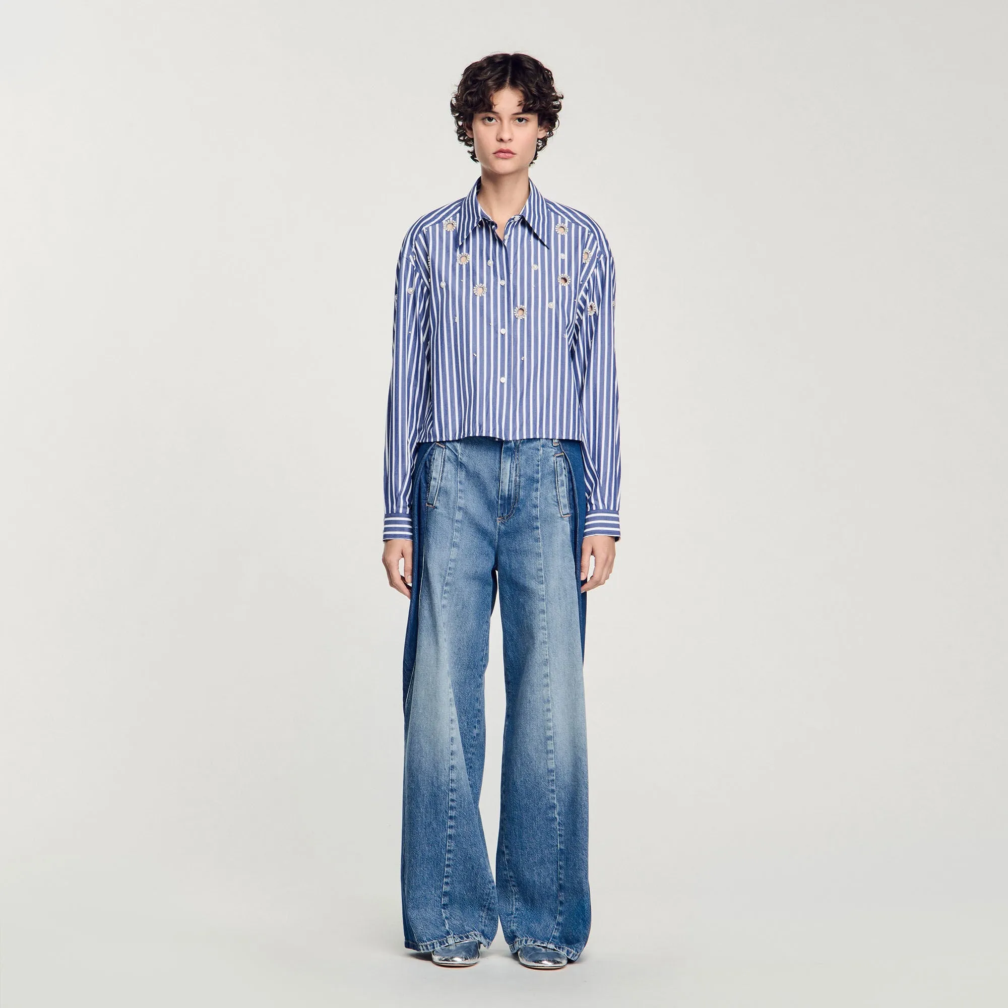 Agathe Beaded Striped Shirt Blue