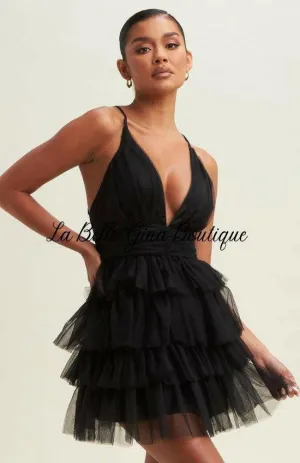 Alice Mesh Tiered Tutu Dress - Elegant Party Birthday Holiday Date Dinner and Flirtatious Fashion Mini Dress-Black