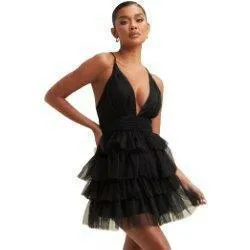 Alice Mesh Tiered Tutu Dress - Elegant Party Birthday Holiday Date Dinner and Flirtatious Fashion Mini Dress-Black