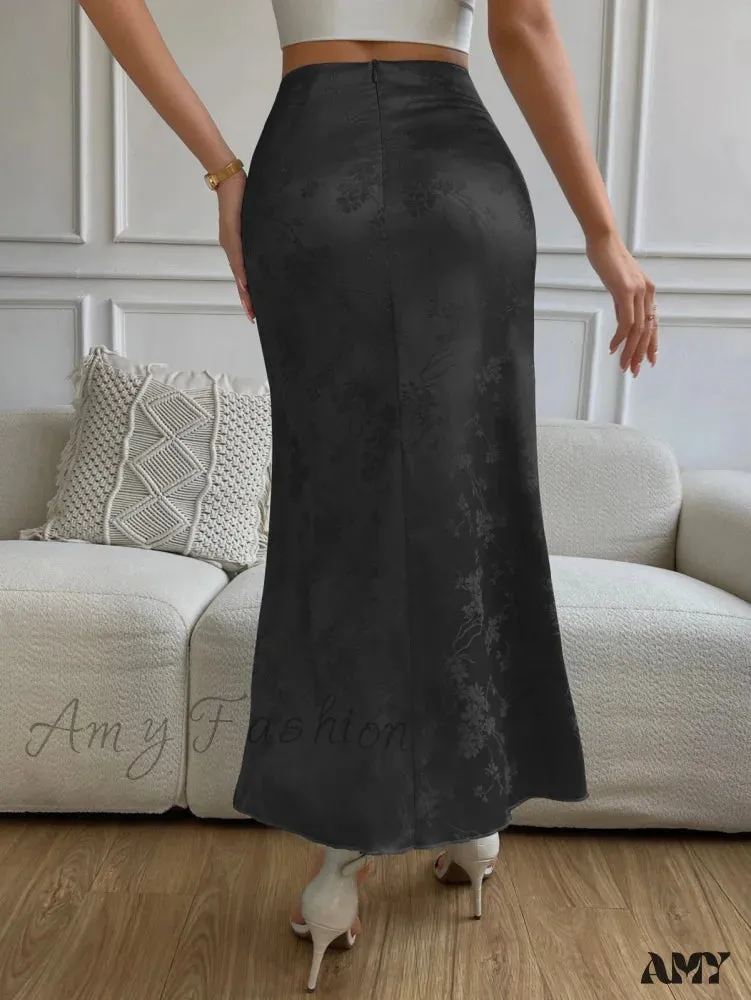 Amy Fashion - High Waist Jacquard Satin A-line Skirt