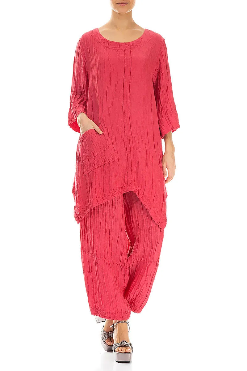 Asymmetric Crinkled Raspberry Silk Linen Tunic