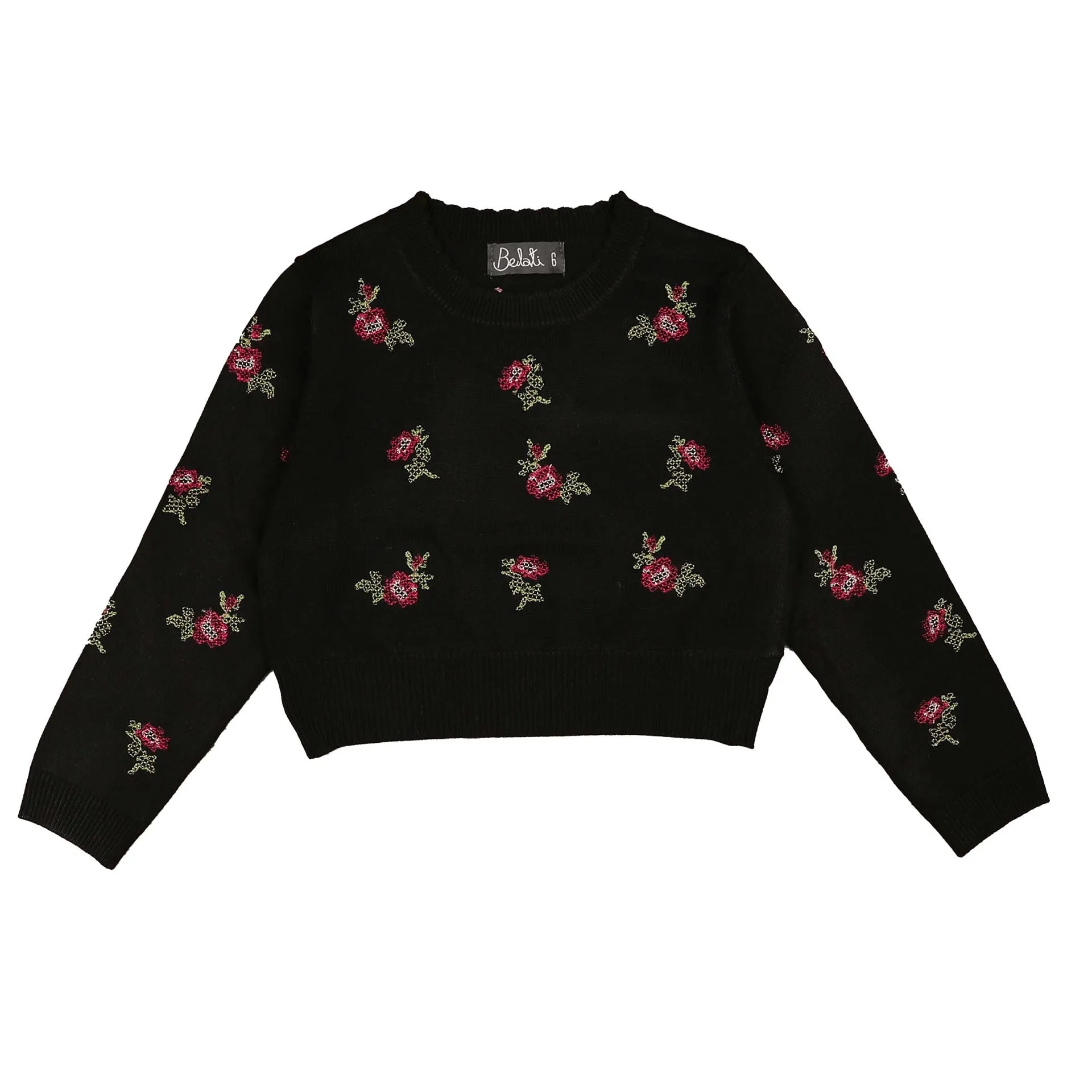 Belati Black Cross Stitch Embroidered Round Neck Knit (BKN363)