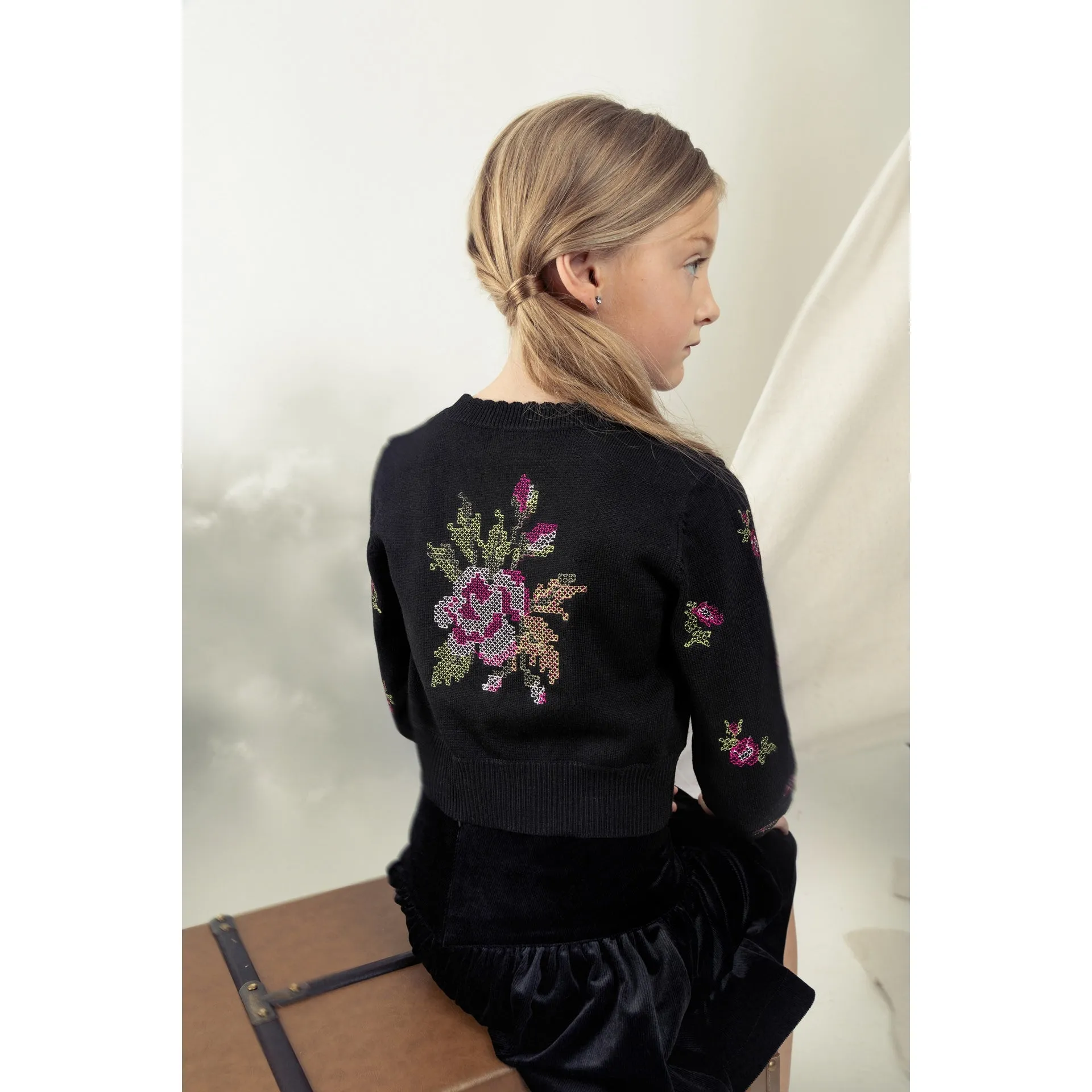Belati Black Cross Stitch Embroidered Round Neck Knit (BKN363)
