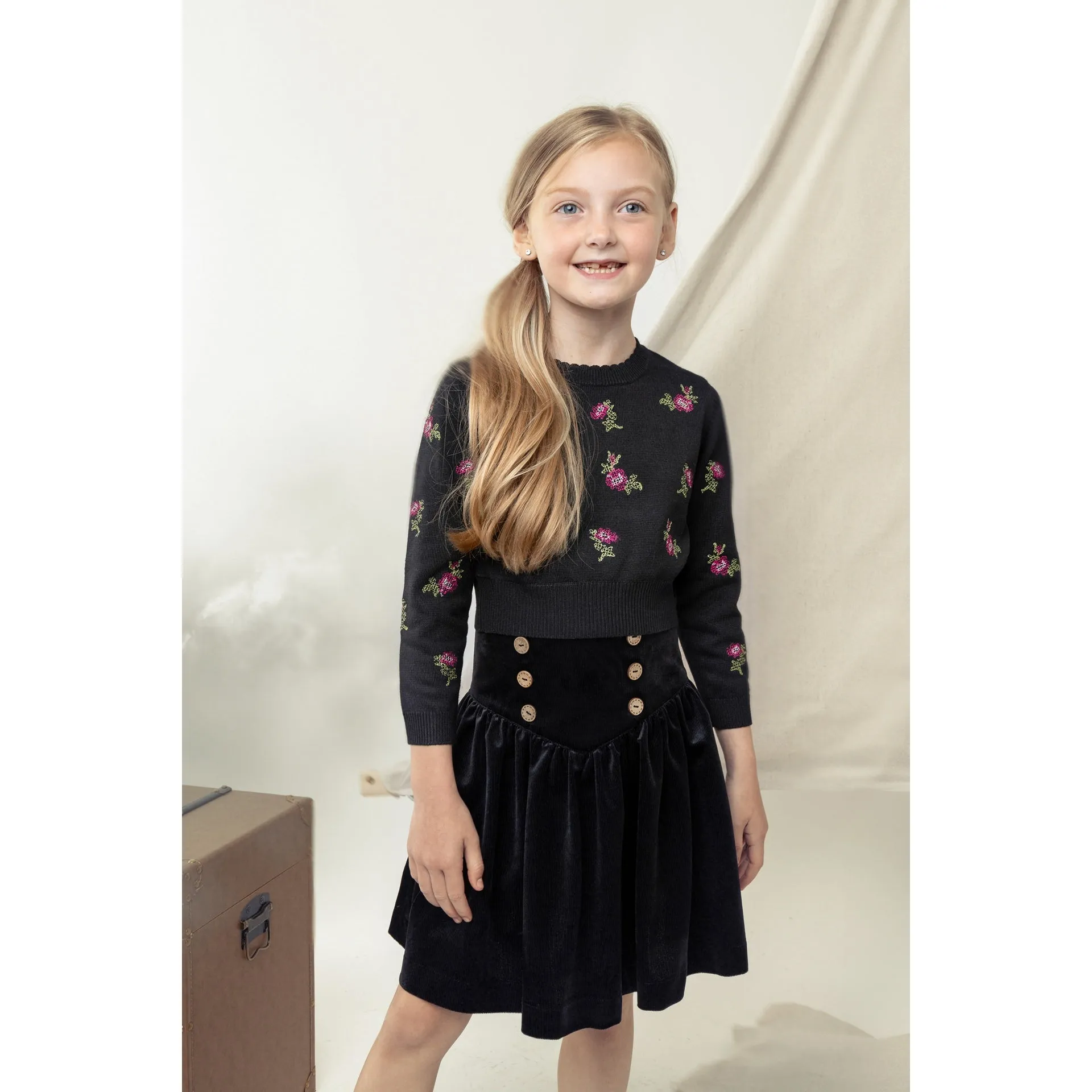 Belati Black Cross Stitch Embroidered Round Neck Knit (BKN363)