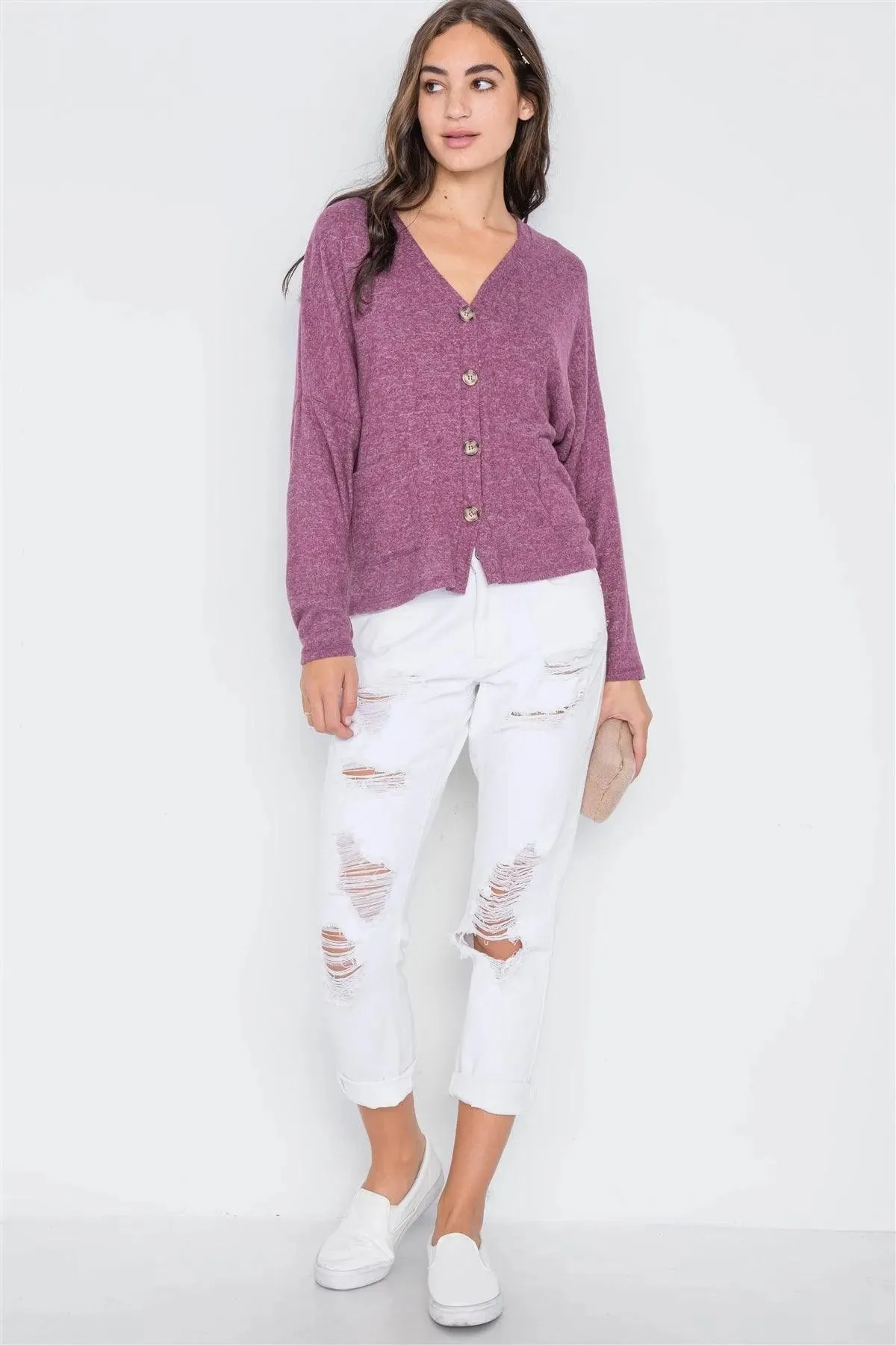 Berry Long Sleeve Knit Button-Front Combo Cardigan /2-2-2