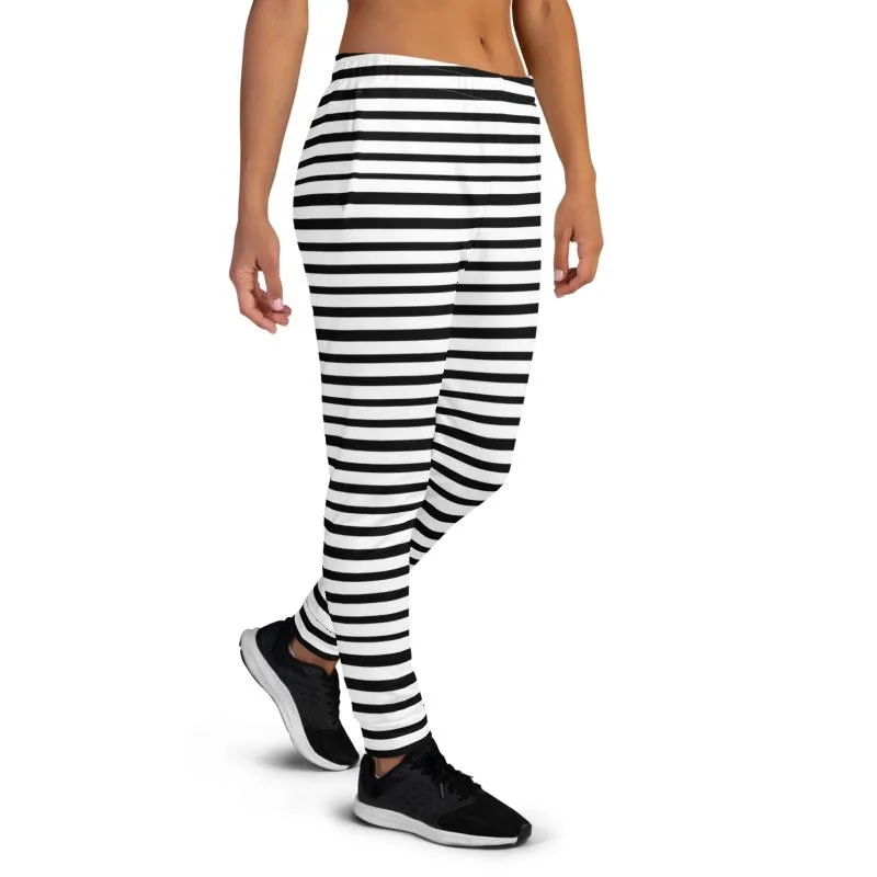 Black Striped Women's Joggers, White Horizontal Stripe Casual Sweatpants- Made in USA/EU