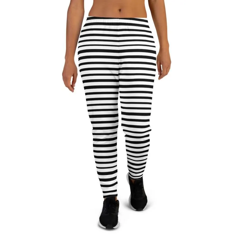 Black Striped Women's Joggers, White Horizontal Stripe Casual Sweatpants- Made in USA/EU
