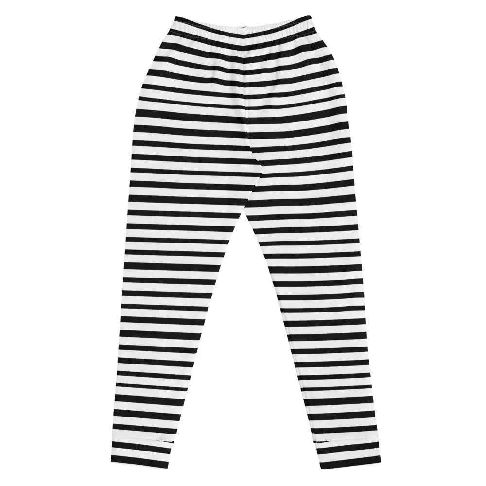 Black Striped Women's Joggers, White Horizontal Stripe Casual Sweatpants- Made in USA/EU