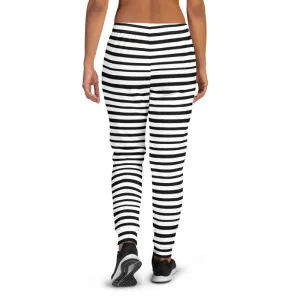 Black Striped Women's Joggers, White Horizontal Stripe Casual Sweatpants- Made in USA/EU