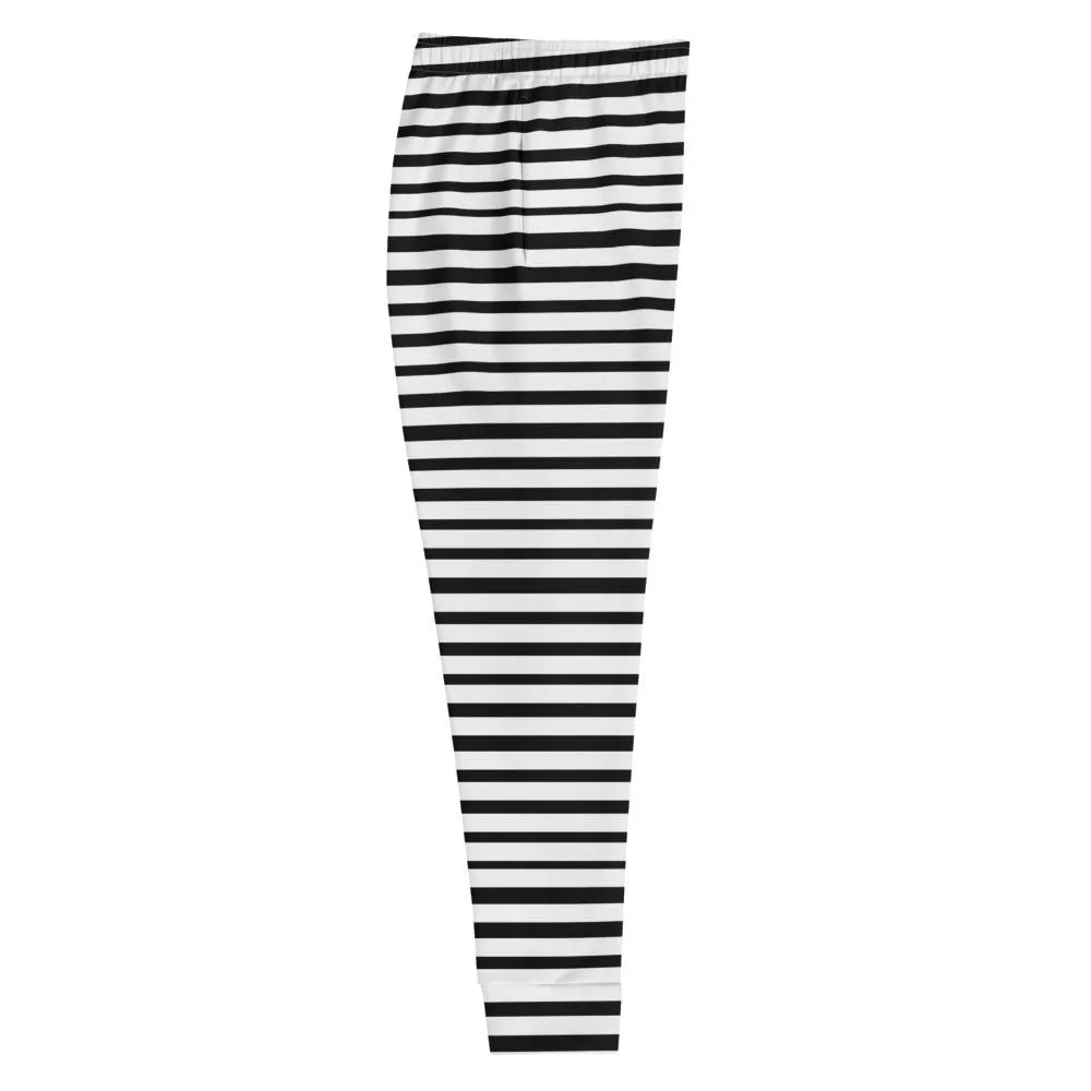 Black Striped Women's Joggers, White Horizontal Stripe Casual Sweatpants- Made in USA/EU
