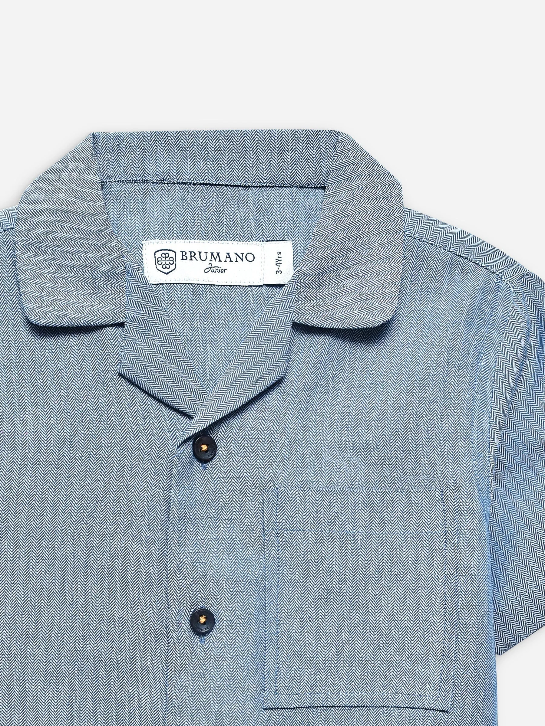 Blue Herringone Cuban Collar Half Sleeve Shirt