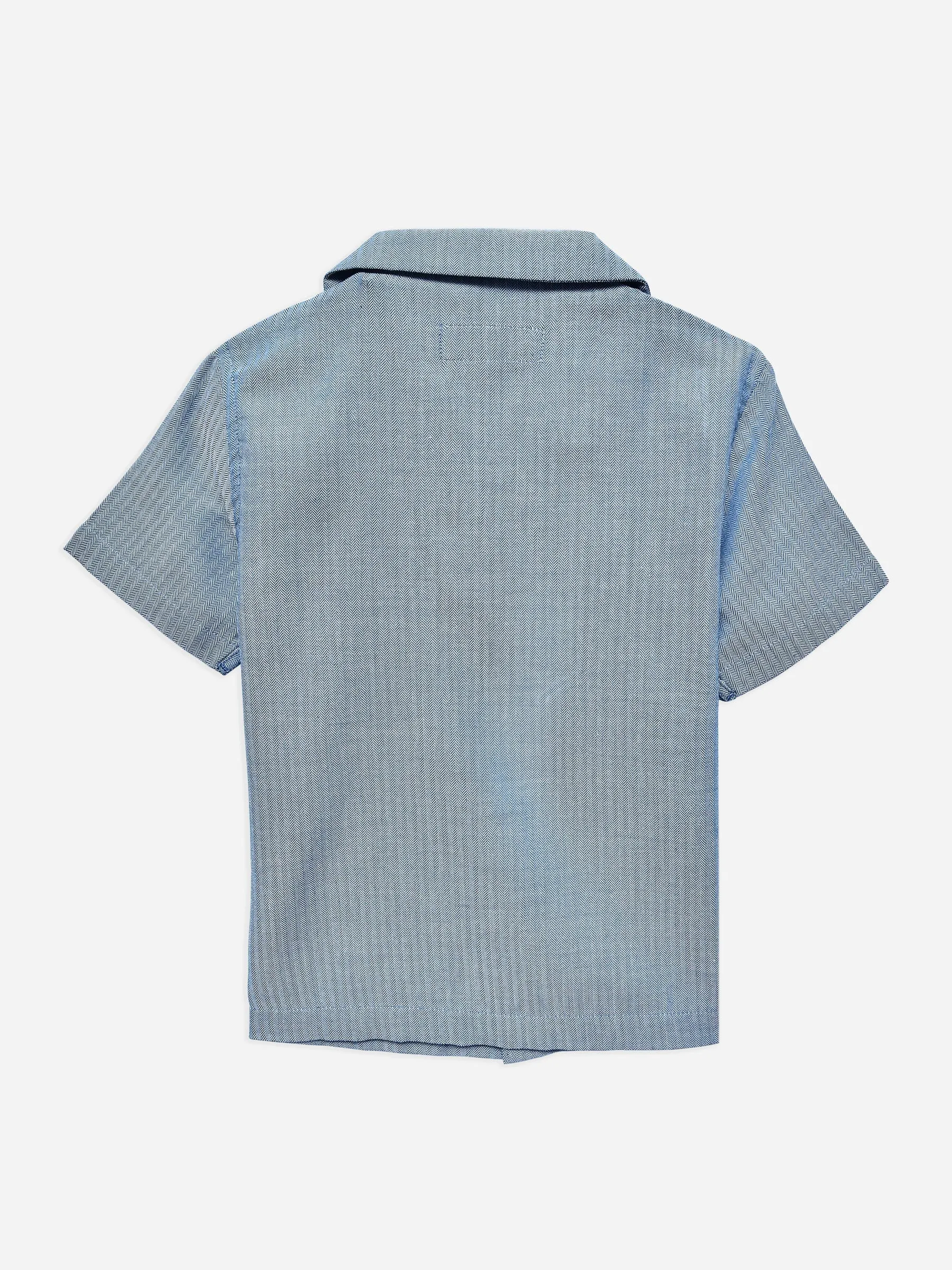 Blue Herringone Cuban Collar Half Sleeve Shirt