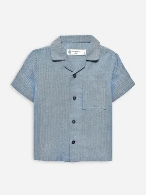 Blue Herringone Cuban Collar Half Sleeve Shirt