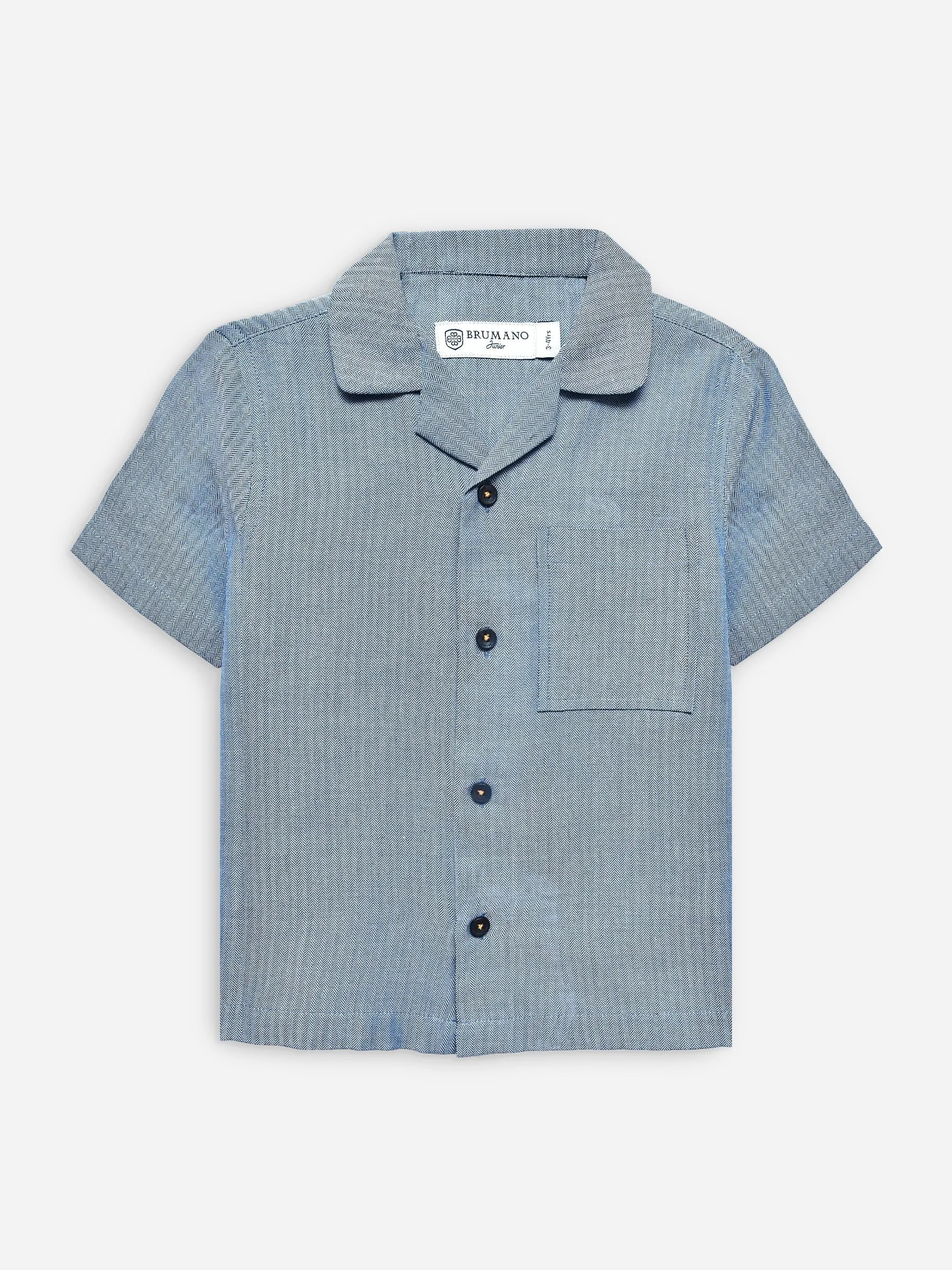 Blue Herringone Cuban Collar Half Sleeve Shirt