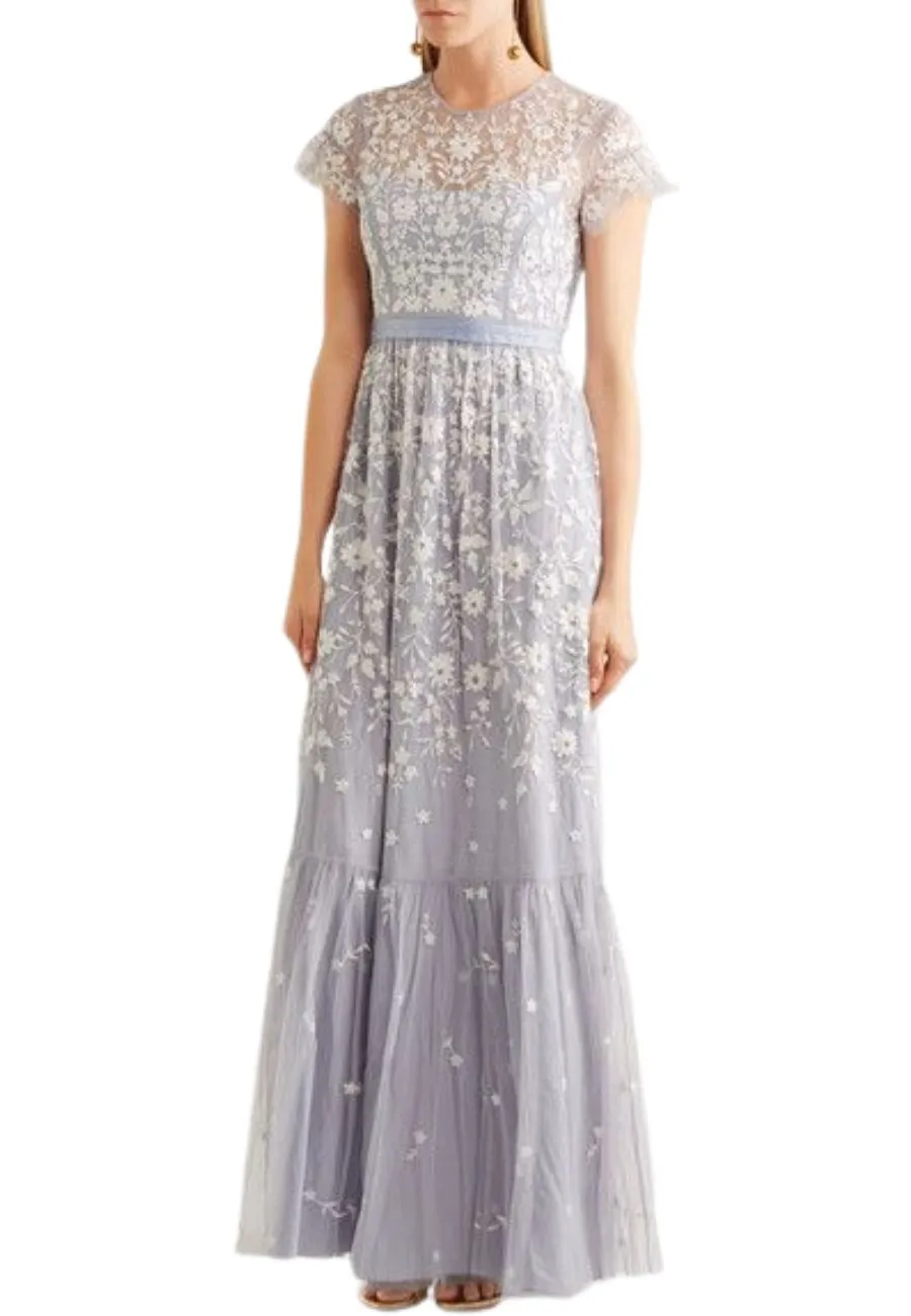Blue Meadow Floral Embroidered Tulle Gown