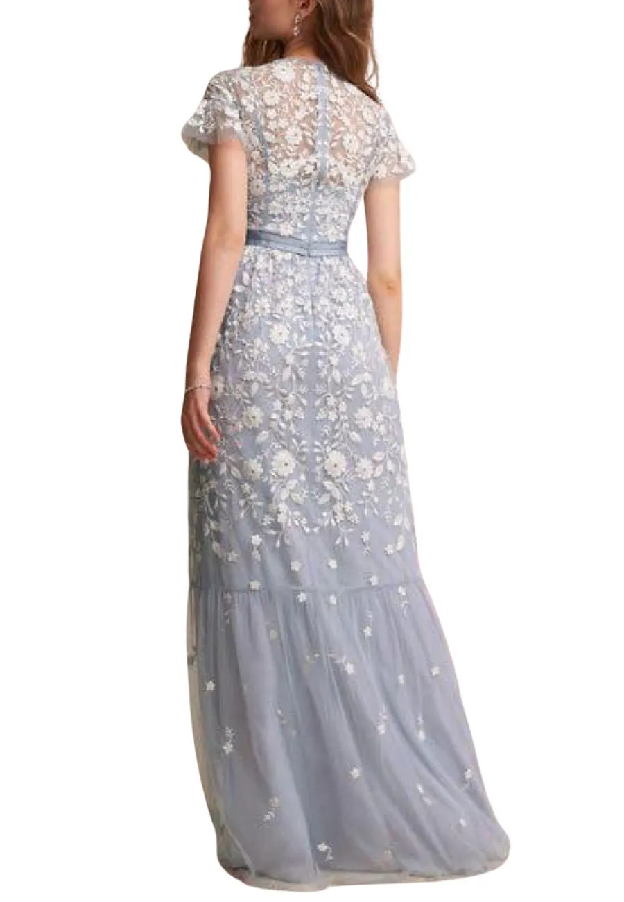 Blue Meadow Floral Embroidered Tulle Gown
