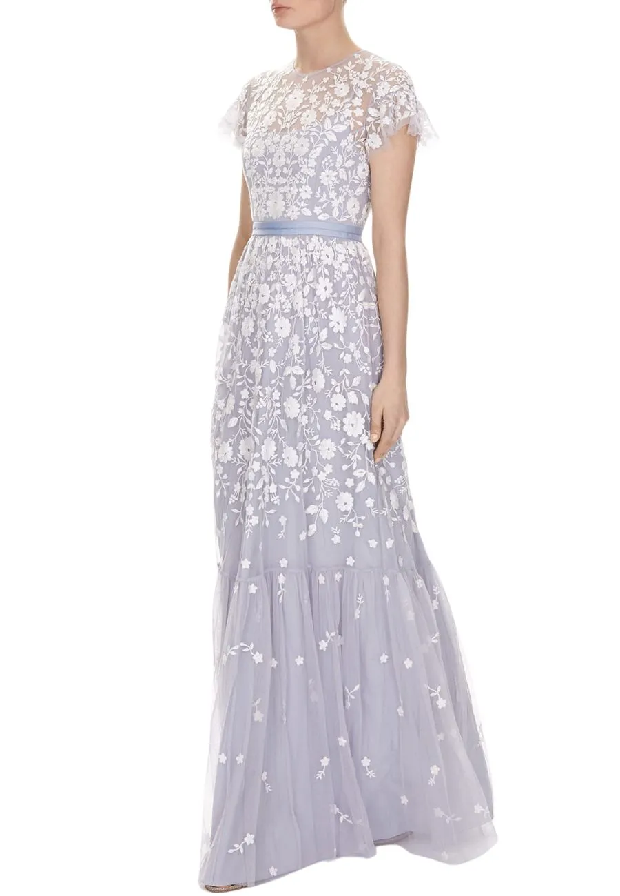 Blue Meadow Floral Embroidered Tulle Gown