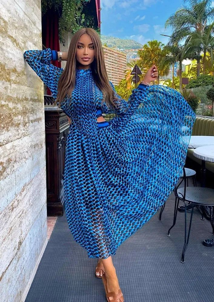 Blue Print Cut Out Waist Maxi Dress