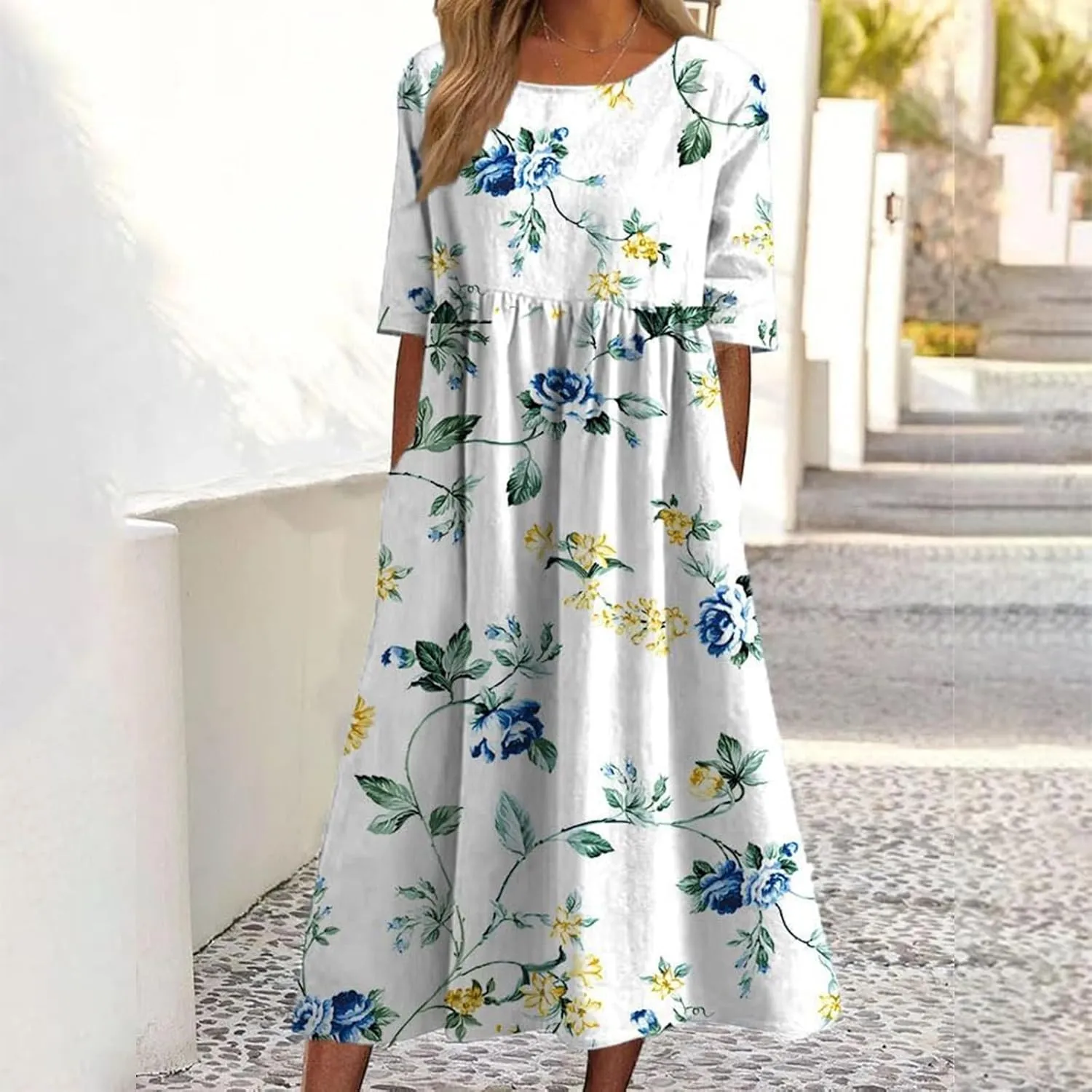 Boho Dress for Women Floral Print Crewneck Short Sleeve Tiered Pleated Long Sundresses Summer Casual Loose Dresses