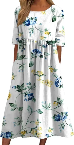 Boho Dress for Women Floral Print Crewneck Short Sleeve Tiered Pleated Long Sundresses Summer Casual Loose Dresses
