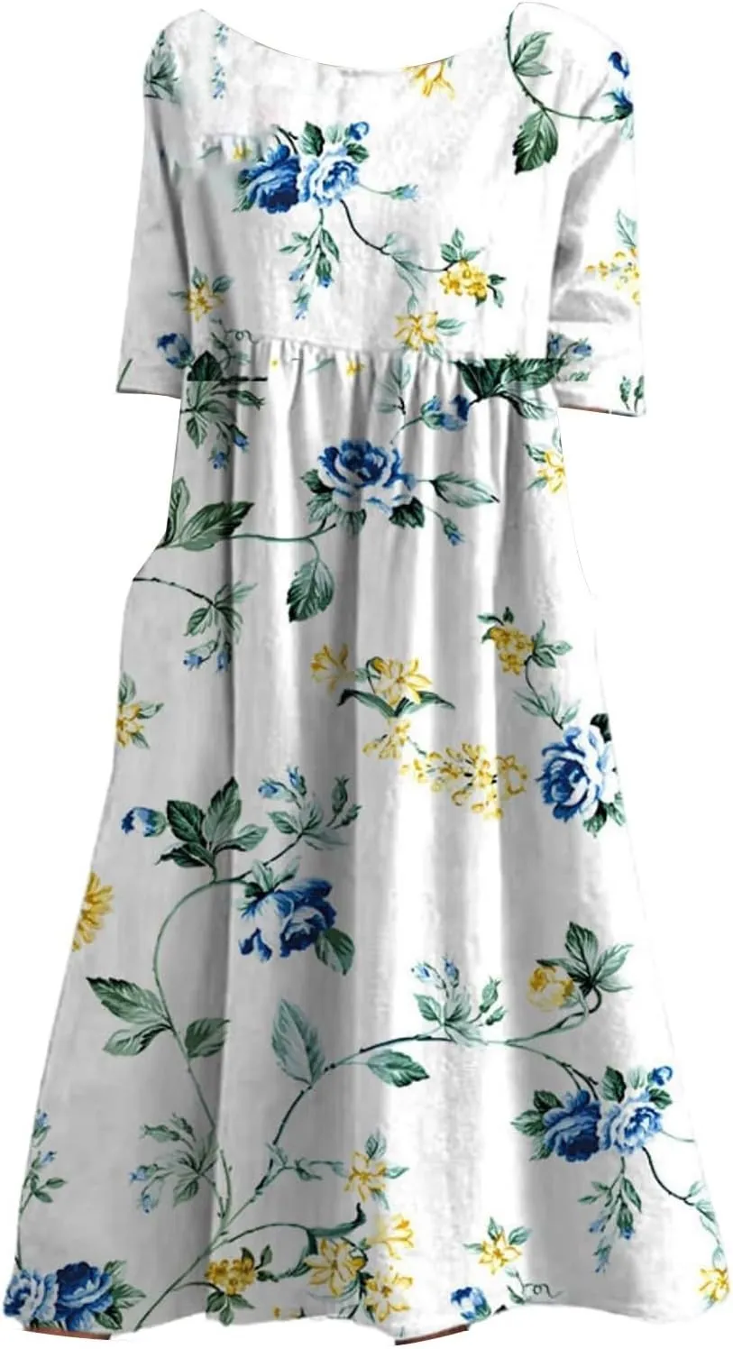 Boho Dress for Women Floral Print Crewneck Short Sleeve Tiered Pleated Long Sundresses Summer Casual Loose Dresses