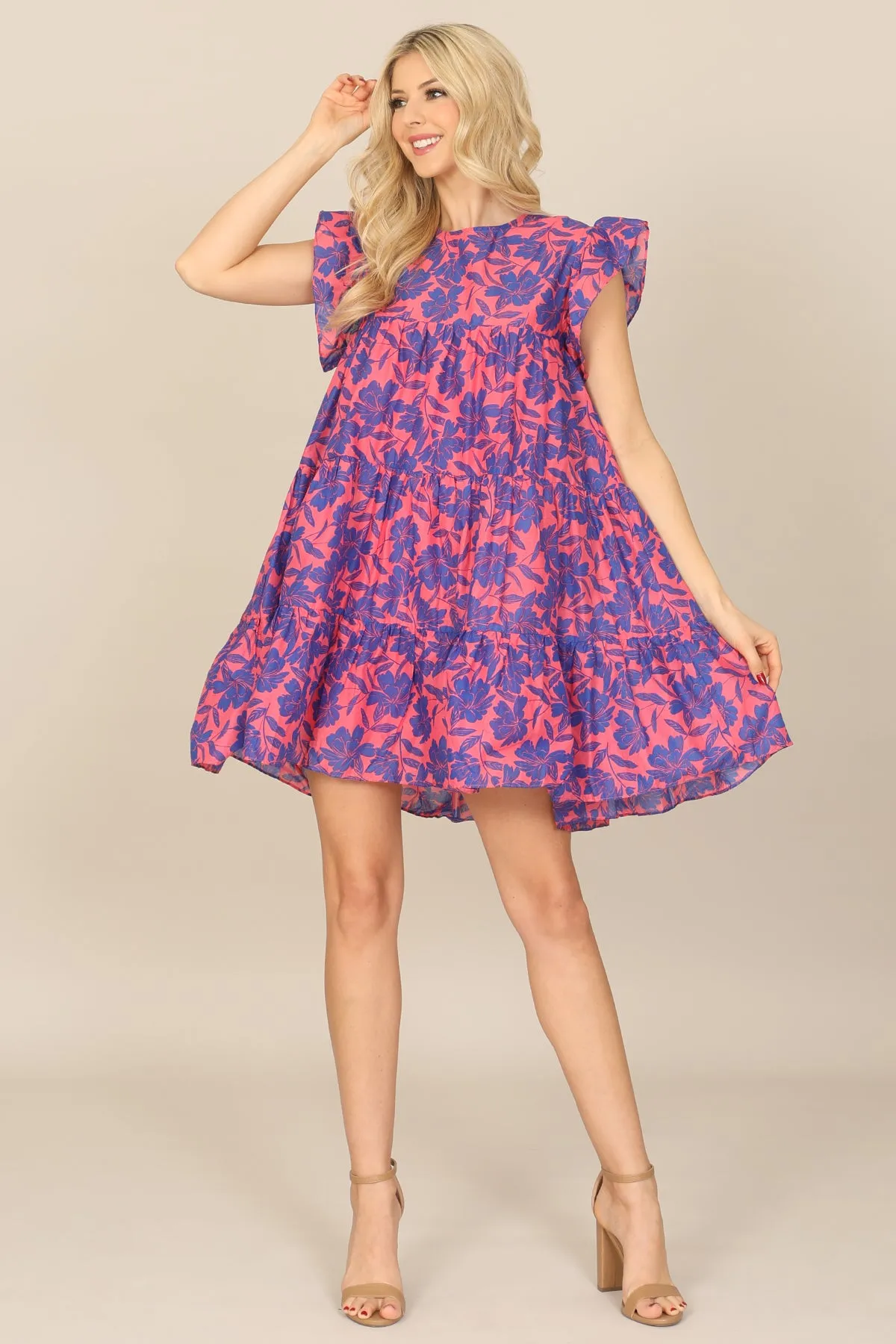 BUTTERFLY SLEEVE FLORAL TIERED MINI DRESS