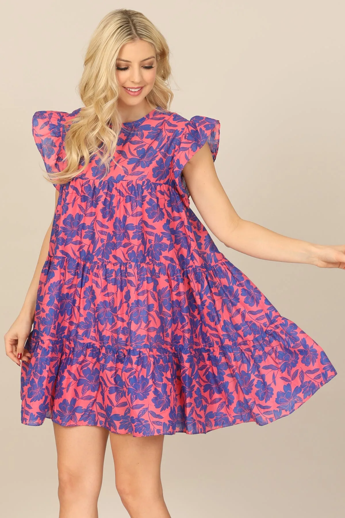 BUTTERFLY SLEEVE FLORAL TIERED MINI DRESS