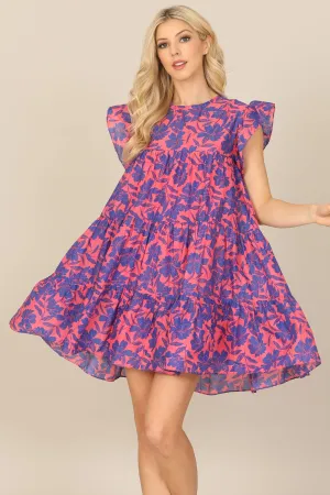 BUTTERFLY SLEEVE FLORAL TIERED MINI DRESS