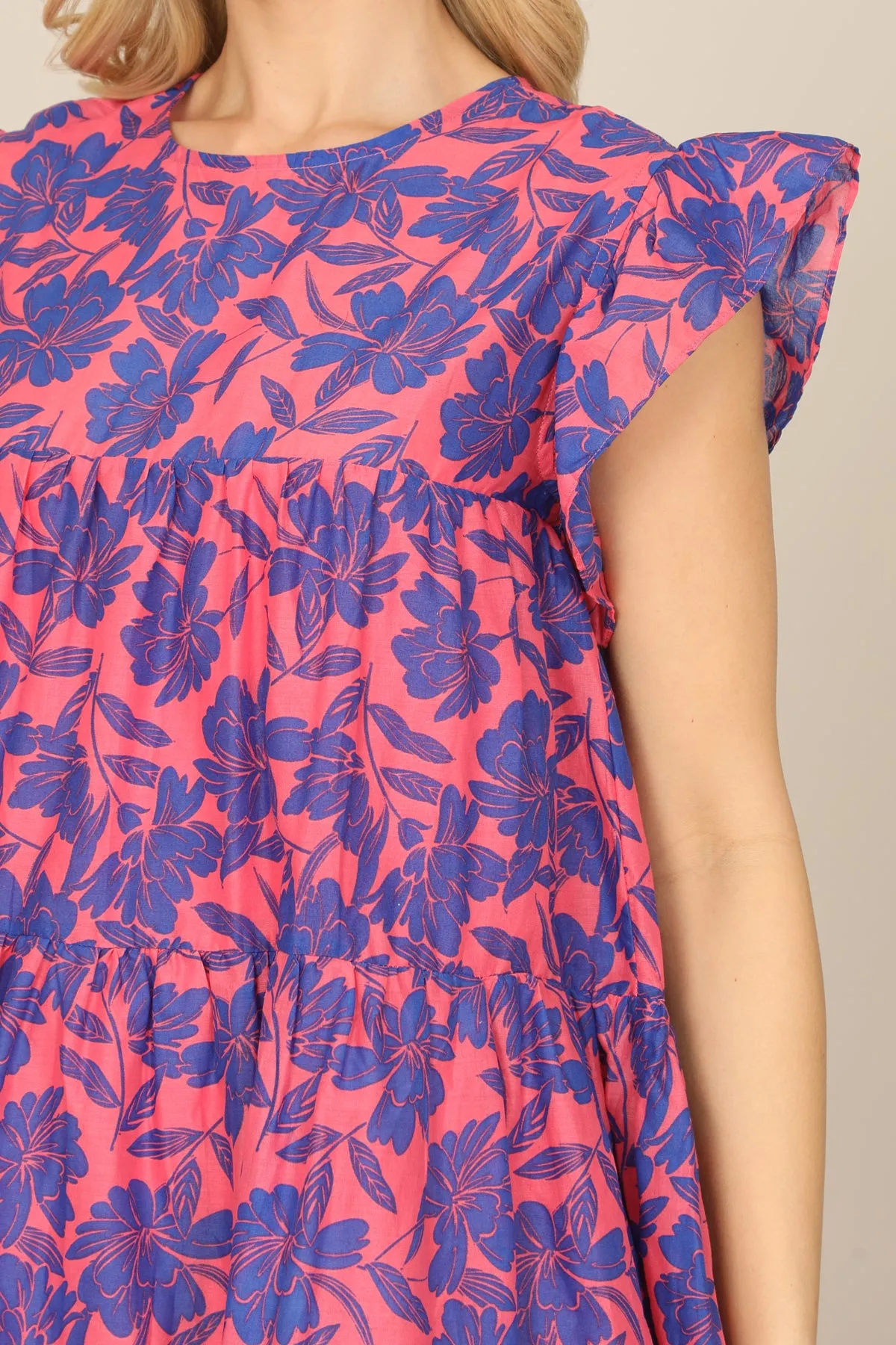 BUTTERFLY SLEEVE FLORAL TIERED MINI DRESS