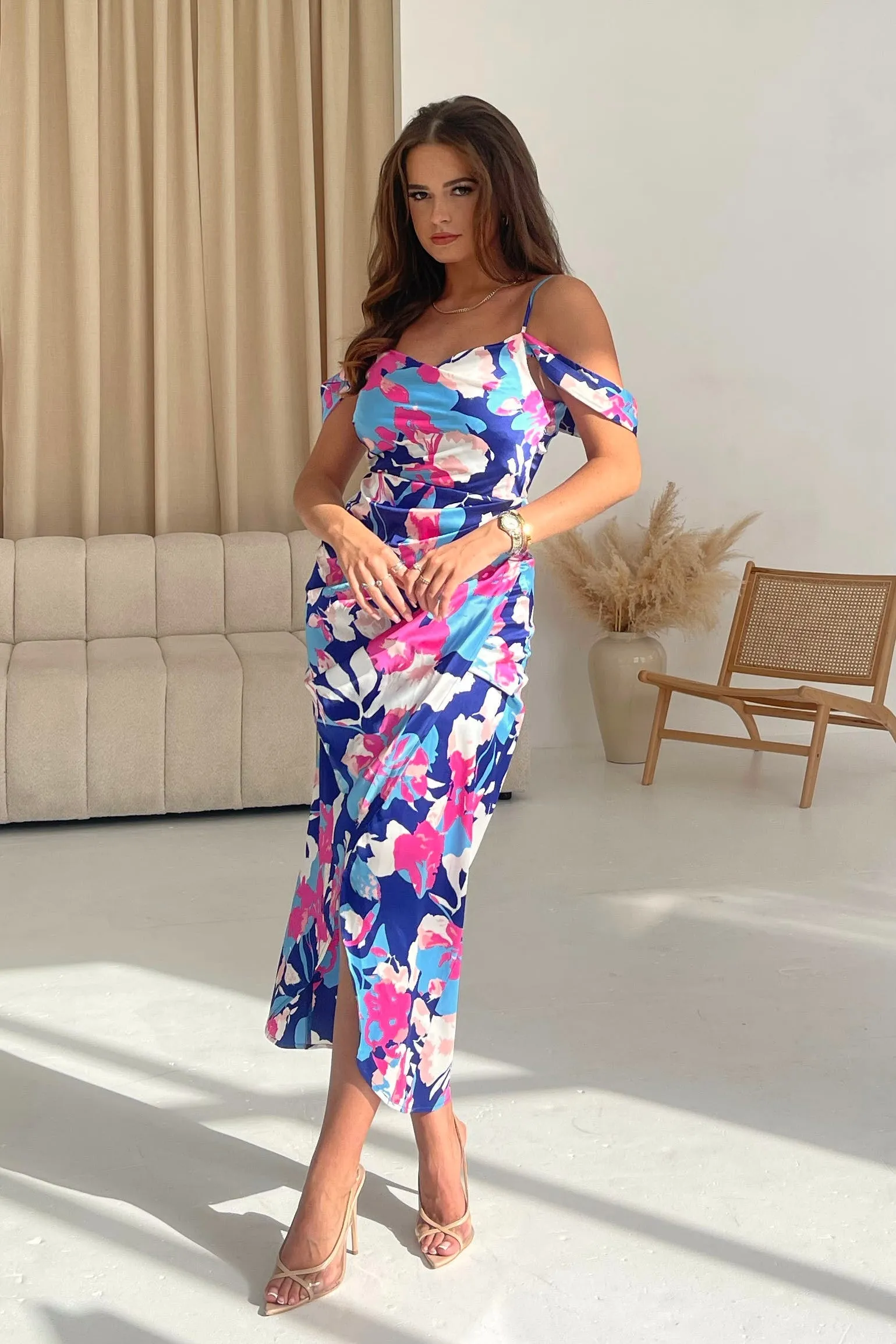 Camila Pink Blue Wrap Over Midi Dress