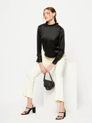 Camla Barcelona Elasticated Flared Solid Off White Trouser For Women