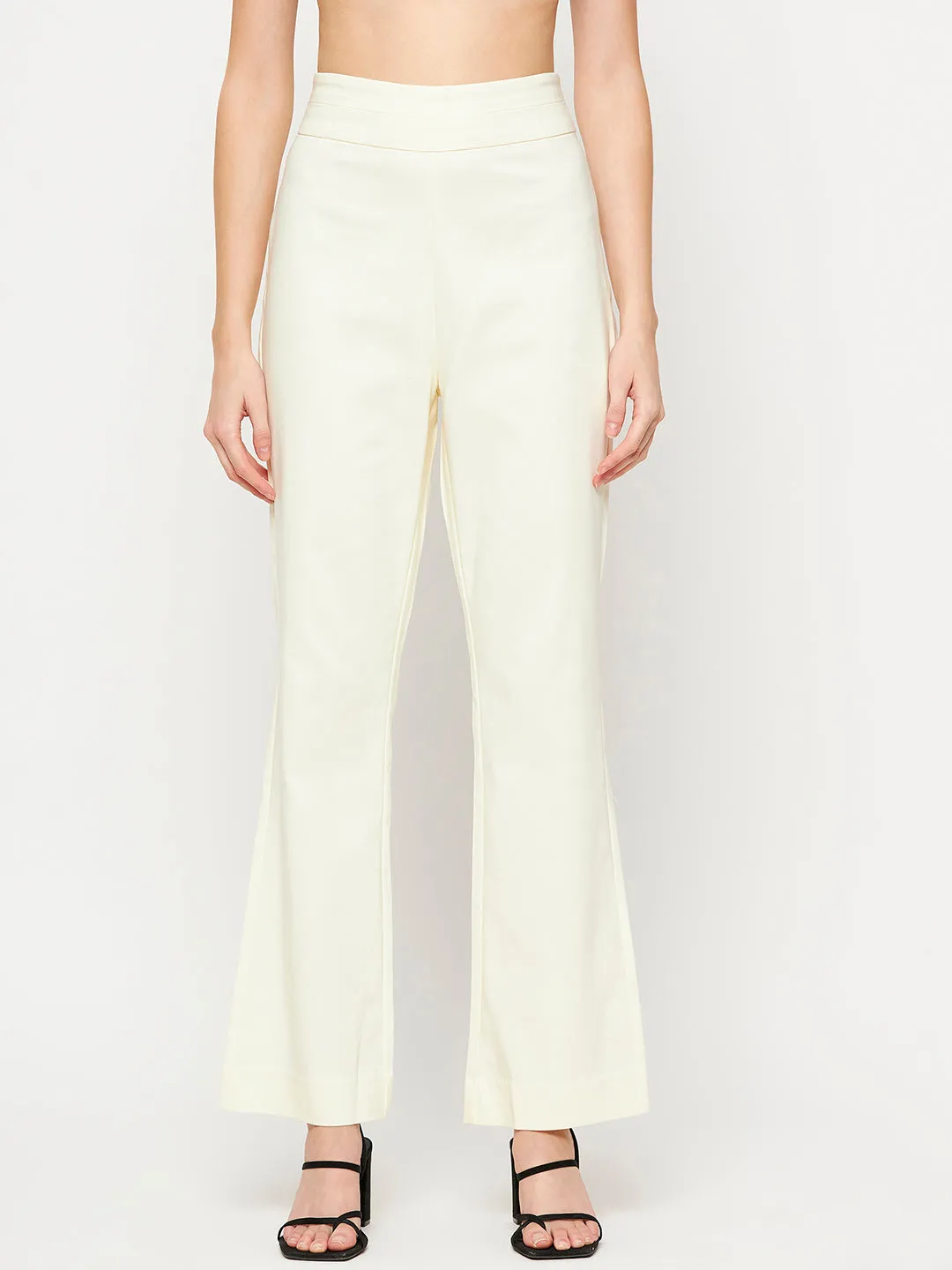 Camla Barcelona Elasticated Flared Solid Off White Trouser For Women