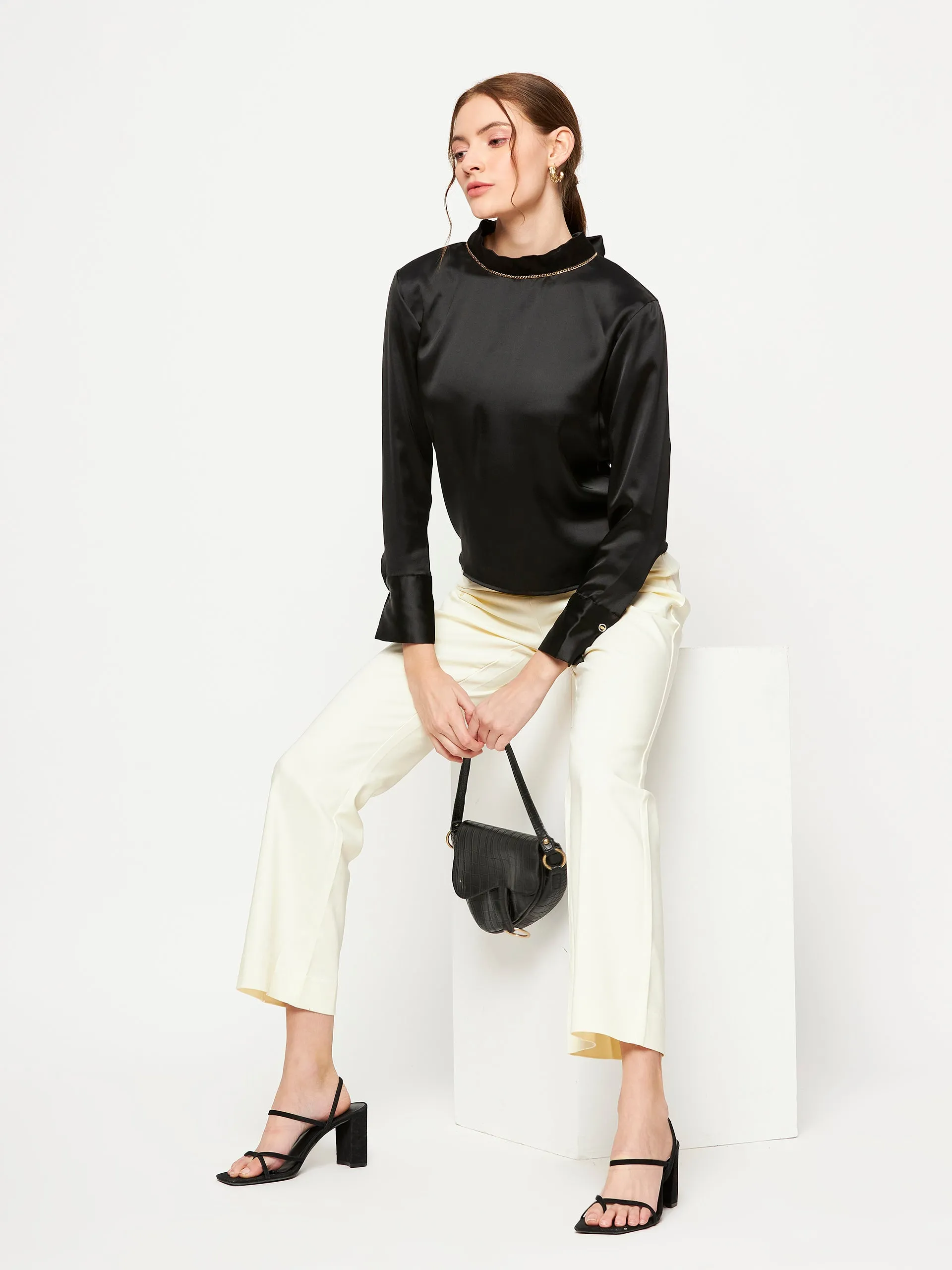Camla Barcelona Elasticated Flared Solid Off White Trouser For Women