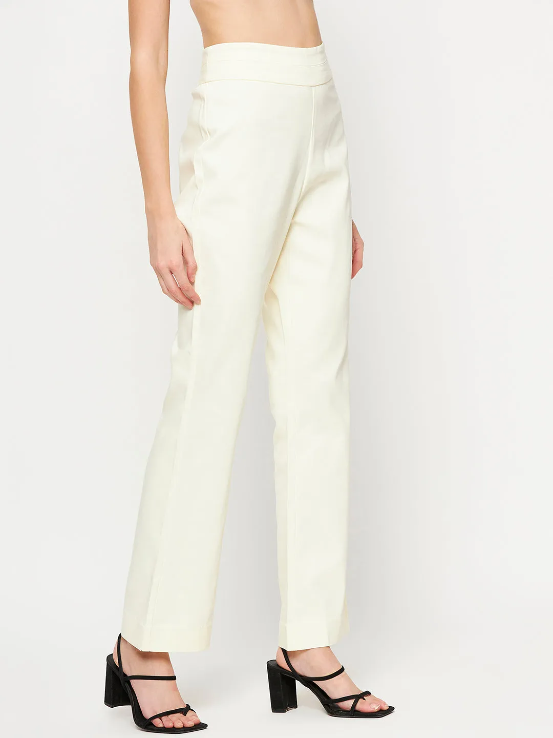 Camla Barcelona Elasticated Flared Solid Off White Trouser For Women