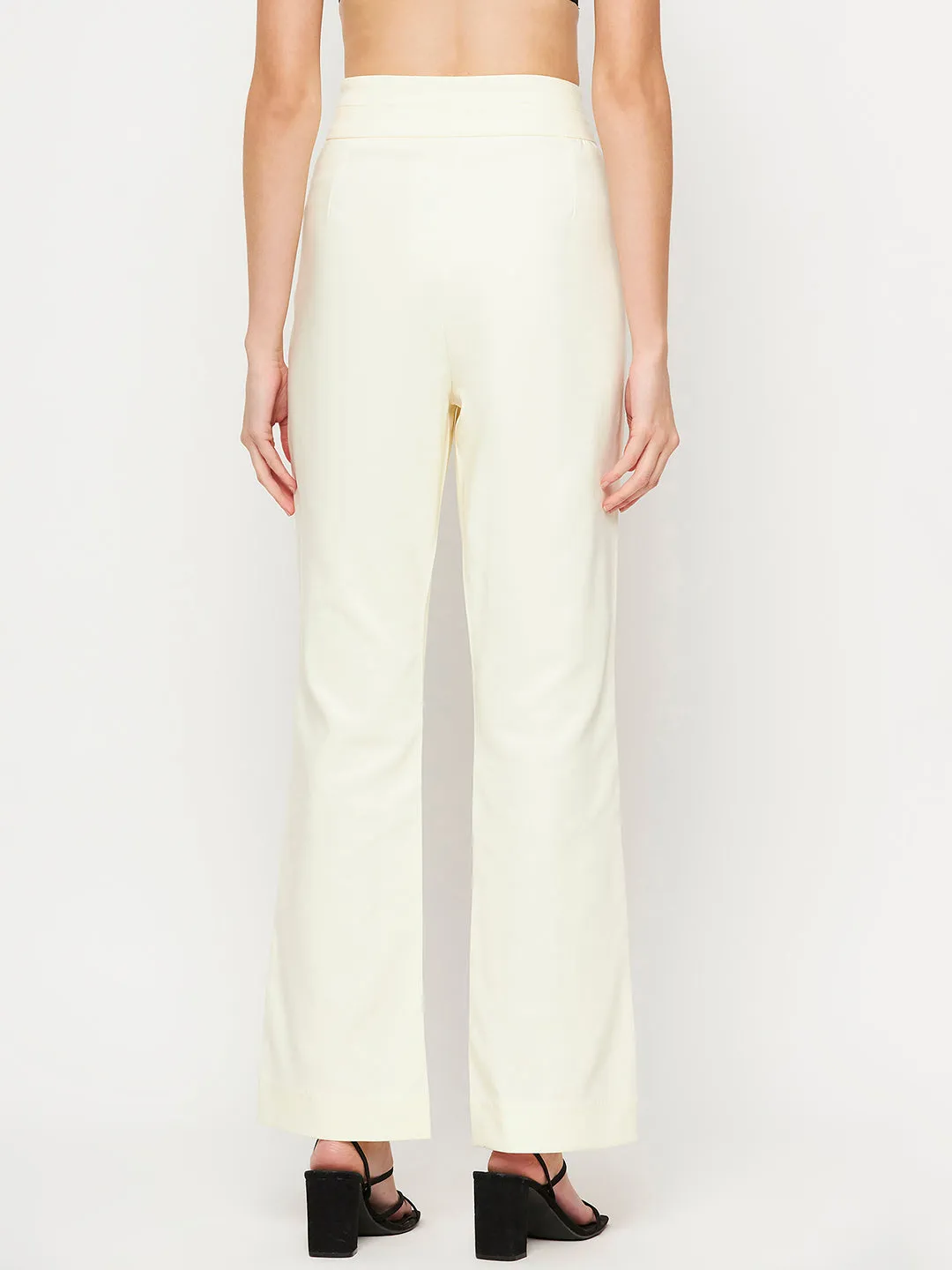 Camla Barcelona Elasticated Flared Solid Off White Trouser For Women