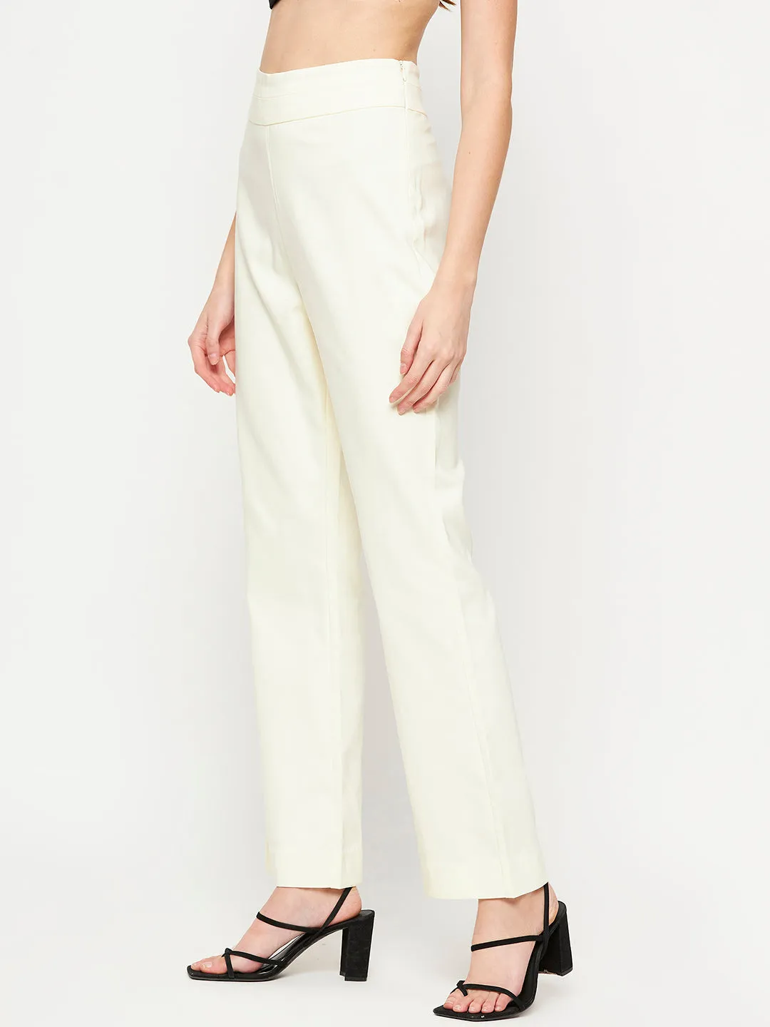 Camla Barcelona Elasticated Flared Solid Off White Trouser For Women