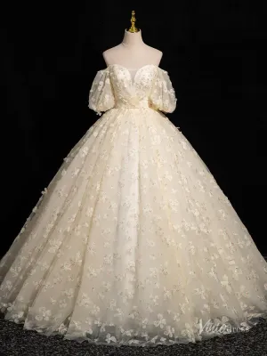 Champagne Floral Sweetheart Prom Ball Gown Off the Shoulder Puffed Sleeve Quinceanera Dresses BG052