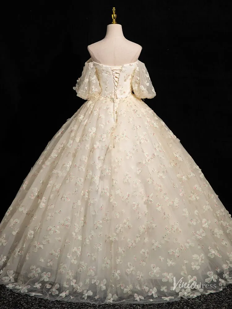 Champagne Floral Sweetheart Prom Ball Gown Off the Shoulder Puffed Sleeve Quinceanera Dresses BG052