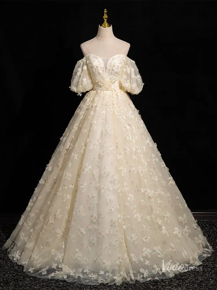 Champagne Floral Sweetheart Prom Ball Gown Off the Shoulder Puffed Sleeve Quinceanera Dresses BG052