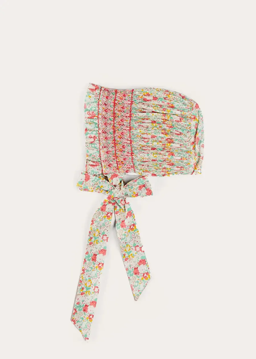 Clementine Floral Hand Smocked Bonnet in Coral (S-M)