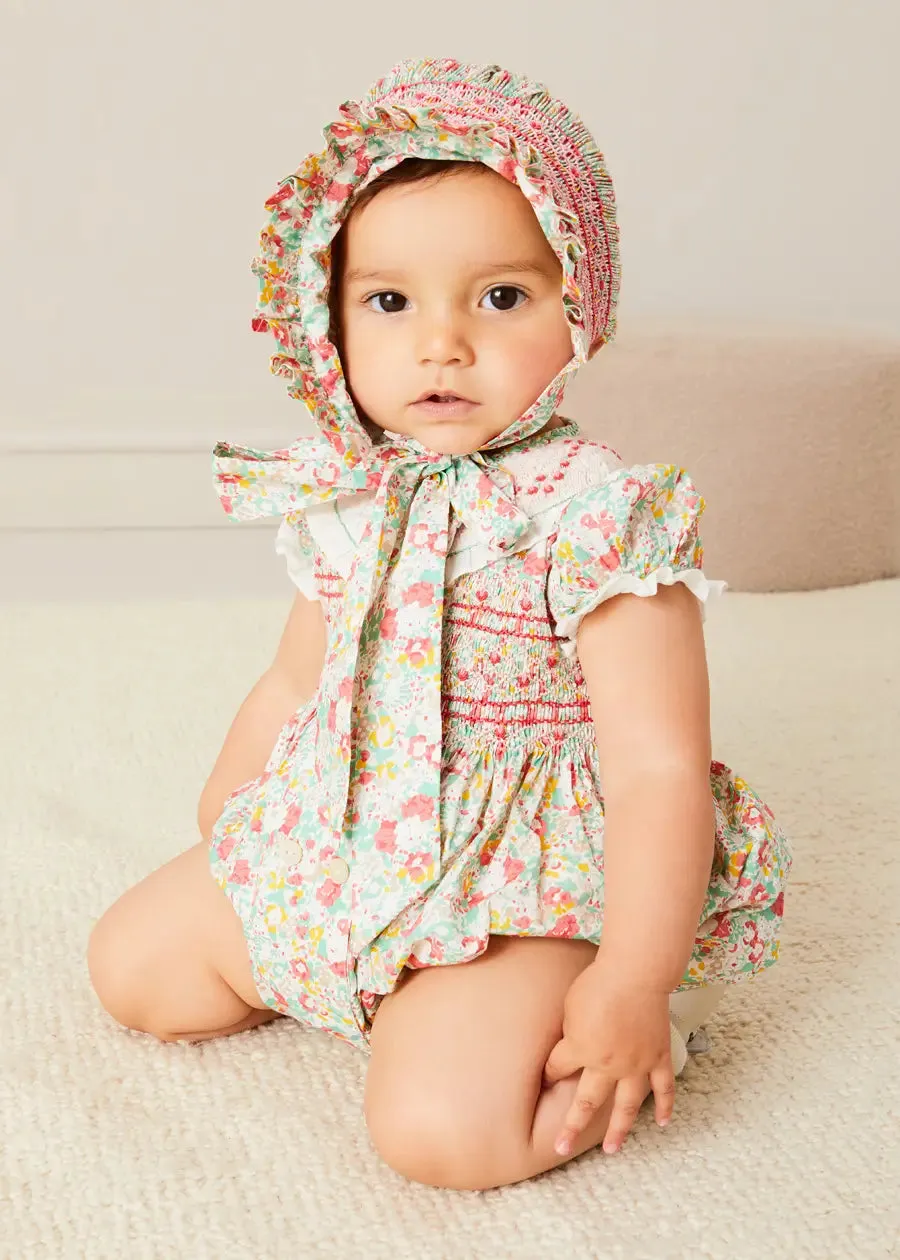 Clementine Floral Hand Smocked Bonnet in Coral (S-M)