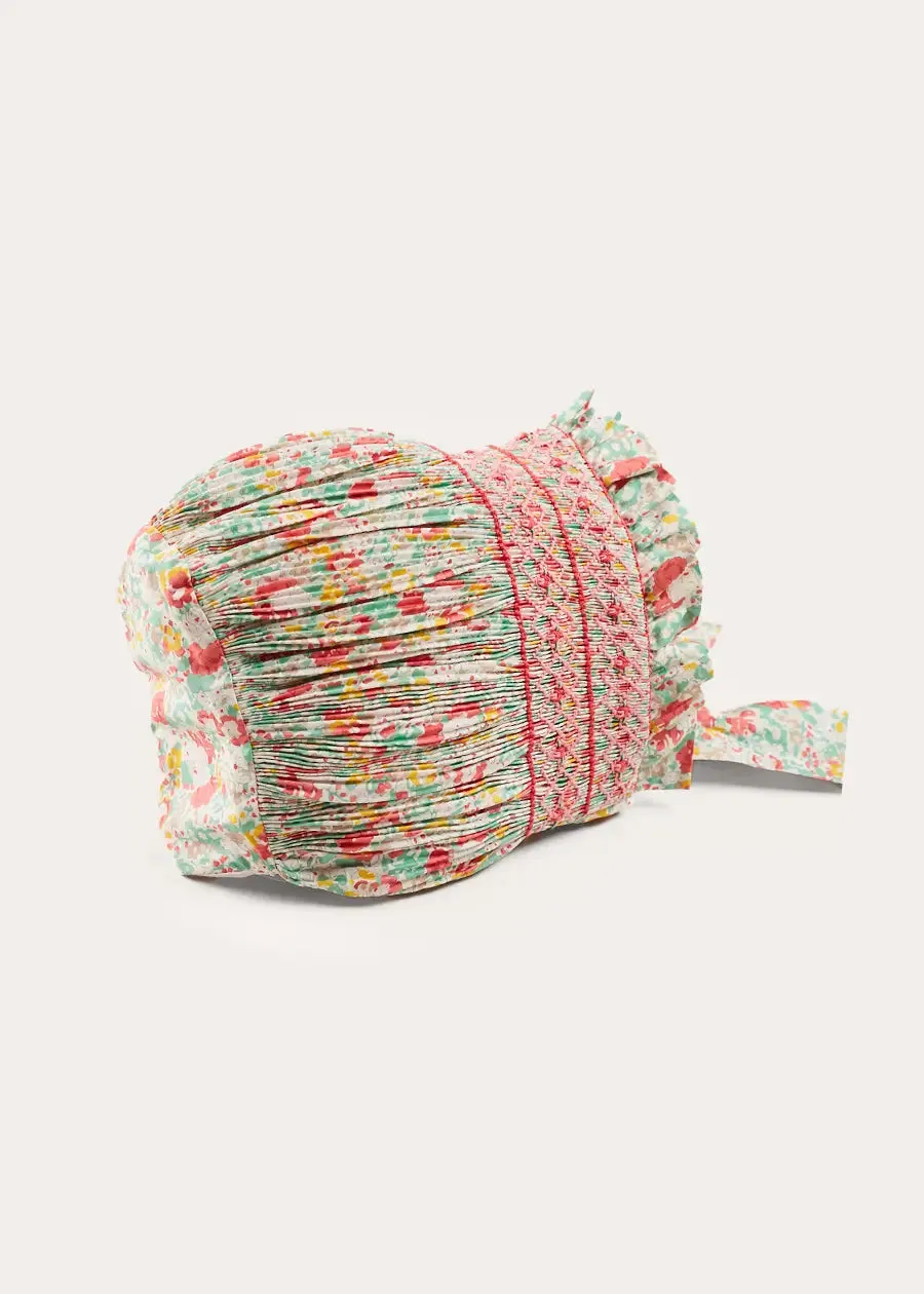 Clementine Floral Hand Smocked Bonnet in Coral (S-M)