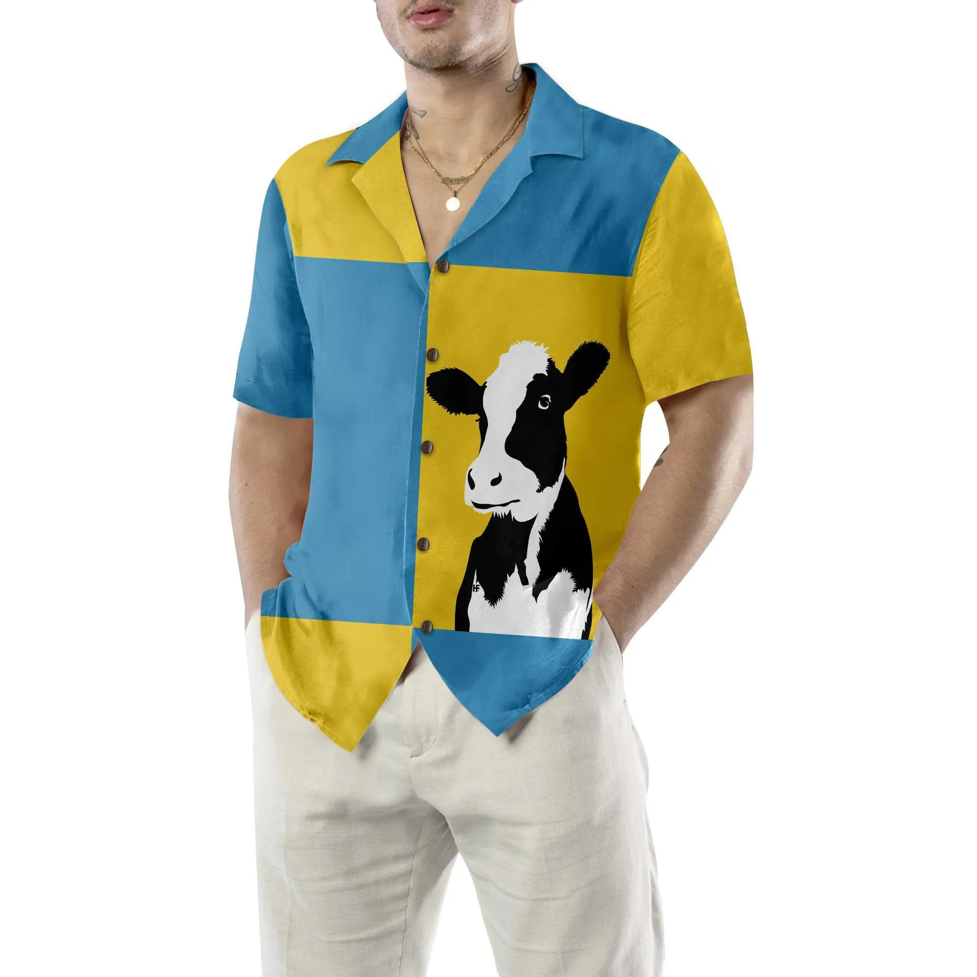 Cow On Yellow And Blue Background Hawaiian Shirt, Cow Shirt For Men & Women, Funny Cow Print Shirt